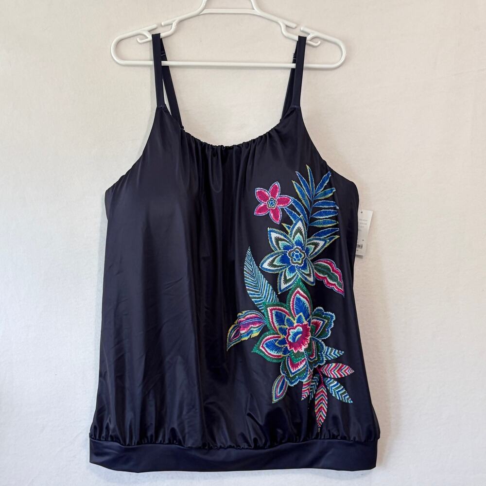 Cacique Swim Suit Top Tankini Womens Plus Size 20 Blue Built In Bra Wireless NWT